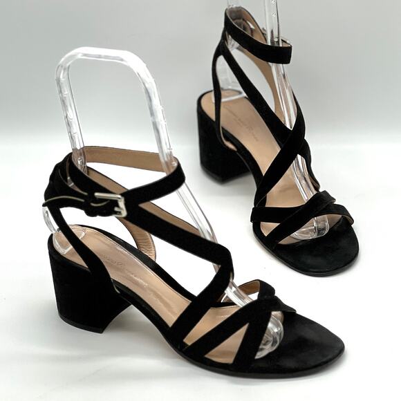 Gianvito Rossi Shoes - GIANVITO ROSSI Strappy Sandal Womens 40 Black Suede Mid Block Heeled Criss Cross